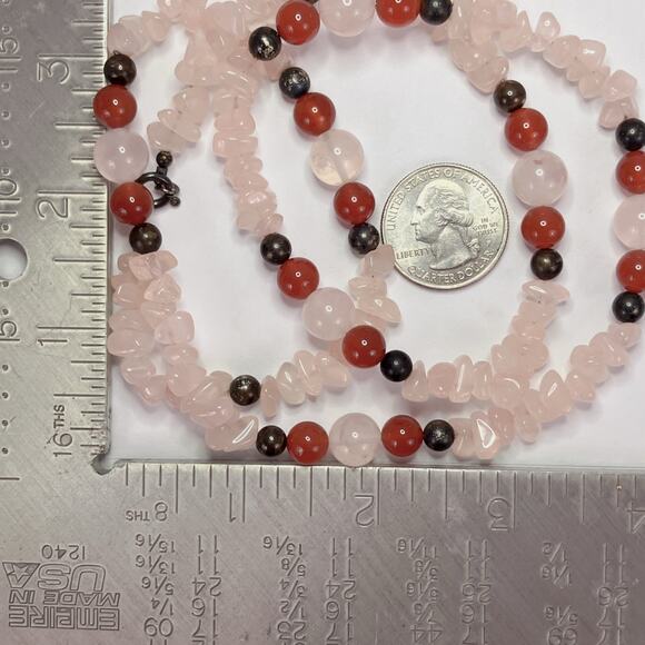 Vintage Rose Quartz Carnelian Beaded Necklace with Sterling Clasp 1980s 1990s - Picture 11 of 13